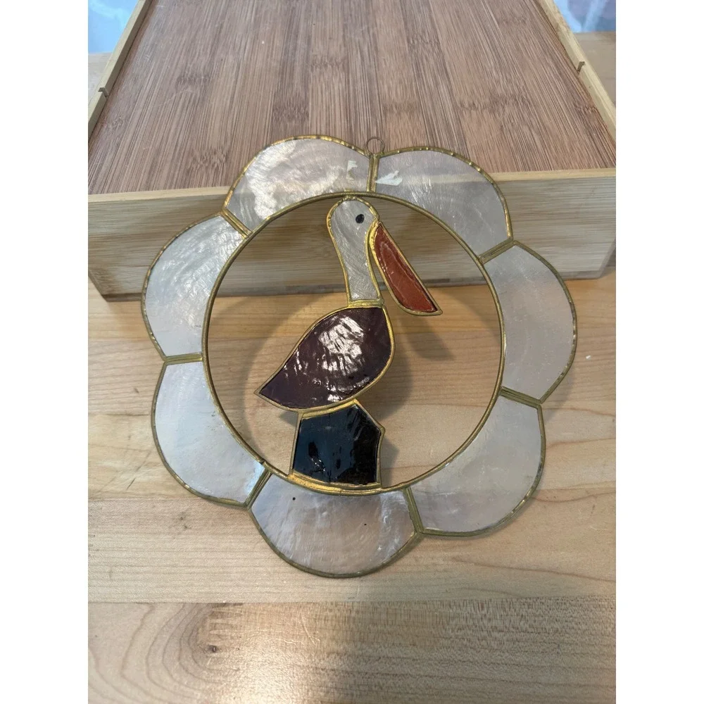 Vintage Stained Glass Pelican Suncatcher Capiz Shell Coastal Window Decor 6.25in